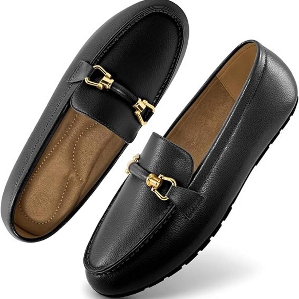 Black Loafers with Gold Buckle